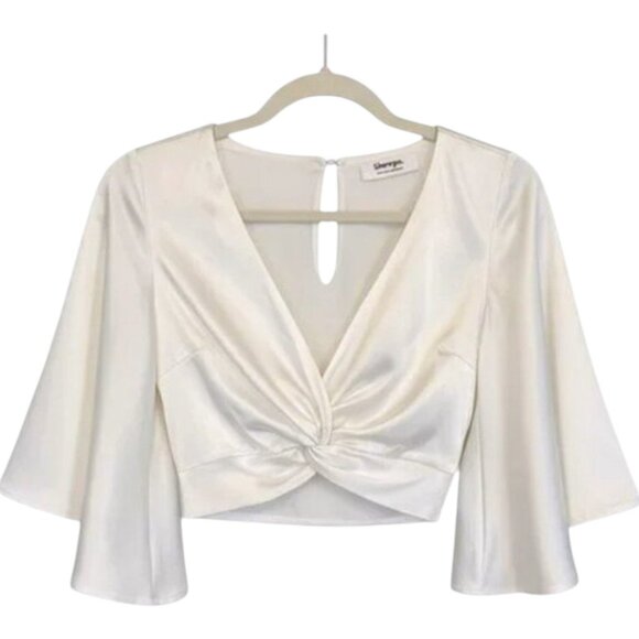 Showpo White Satin Blouse Cropped Long Sleeve Twist Front Top XS - Picture 2 of 6